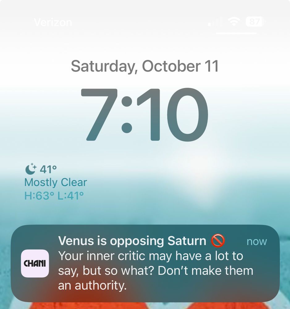 Phone Screenshot: Saturday October 11,  7:10am 

Venus is opposing Saturn now.
Your inner critic may have a lot to say, but so what? Don't make them an authority.