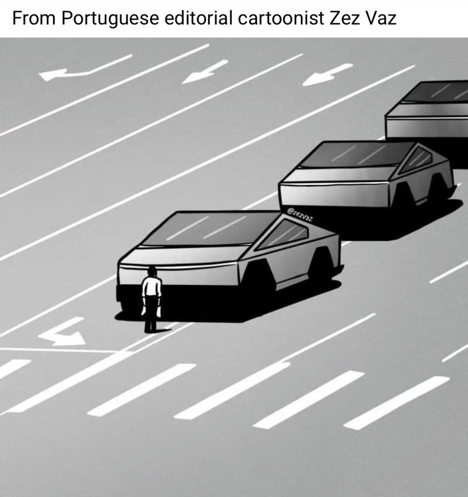 Cartoon of a protestor standing in front of a row of Tesla trucks.

