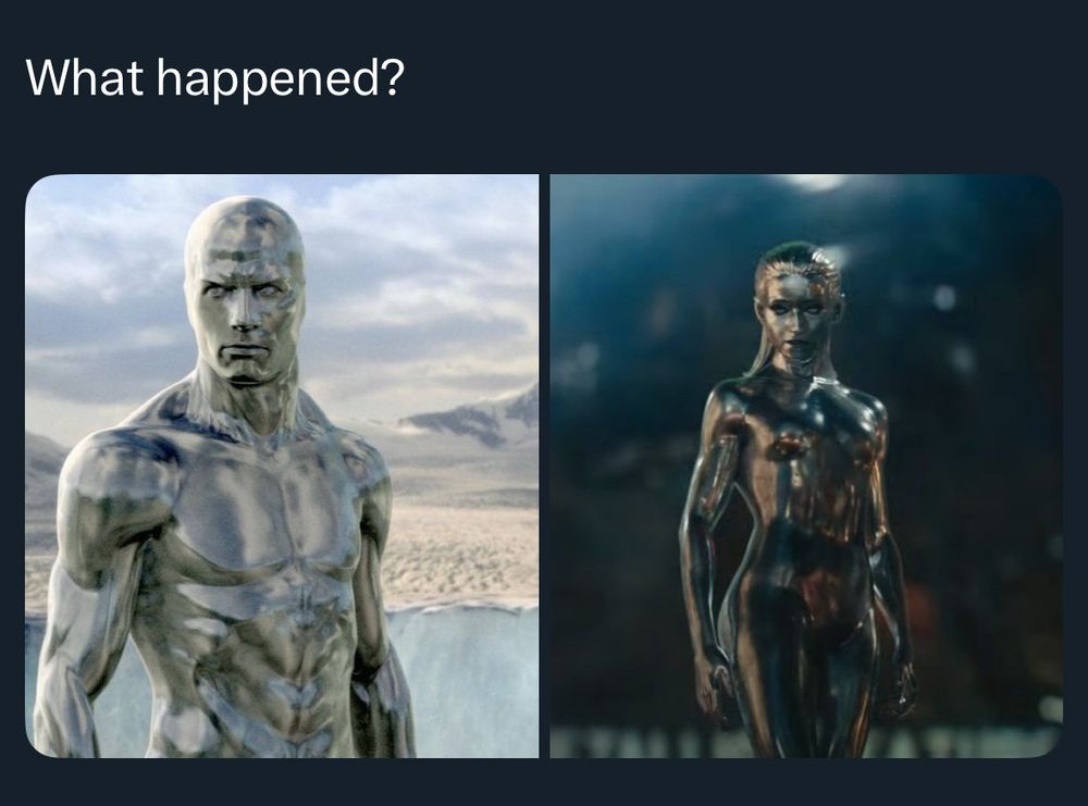 Some idiot who cannot get laid is comparing male silver surfer from terrible Fantastic Four movie to female Silver Surfer from new Fantastic Four movie.