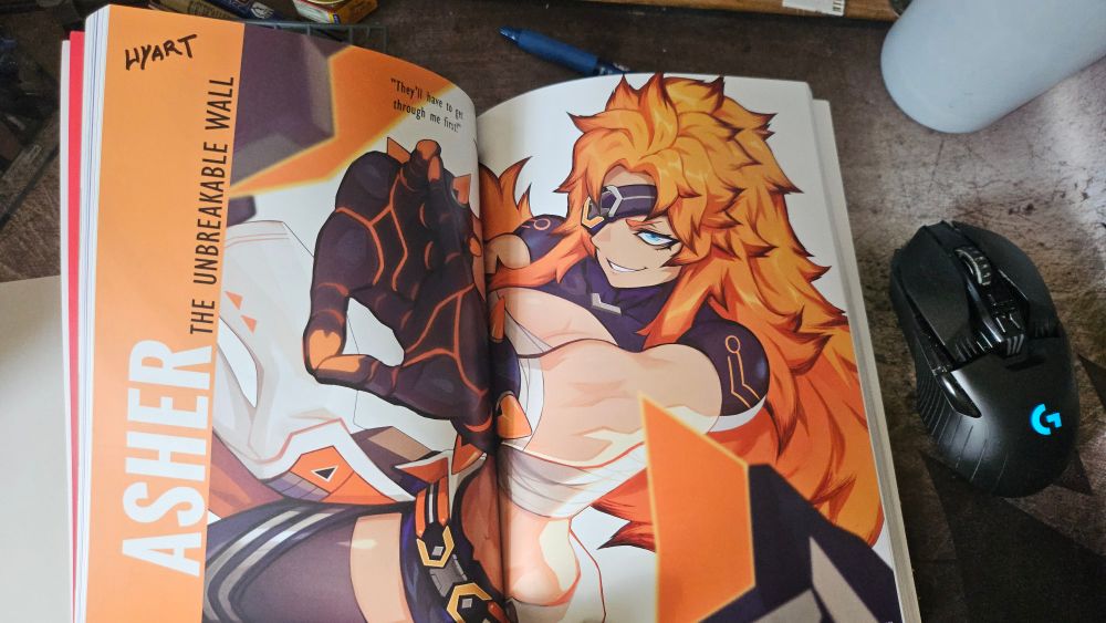 The Omega Strikers artbook showing Asher in her chowcase pose. Signed by one of the artist Liyart. 