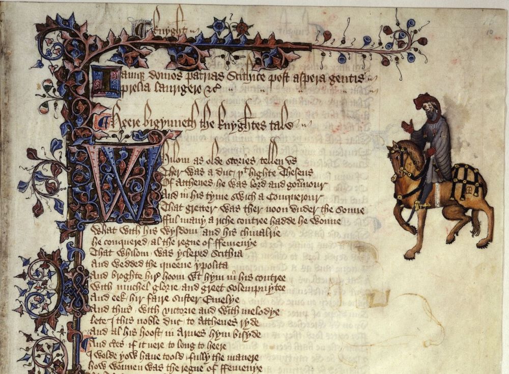 Canterbury Tales, f. 10r (Knight's Tale), ca. 1400-1410, mssEL 26 C 9, The Huntington Library, San Marino, California.
