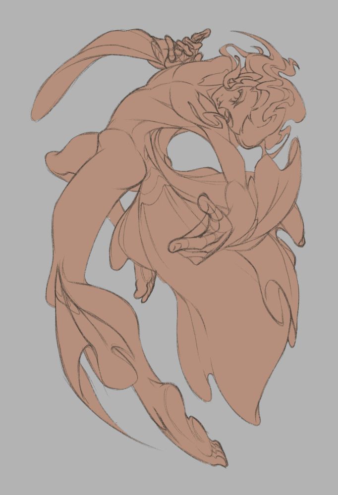 A sketch of a male mermaid (merman) based on a betta fish in a flowing pose. 