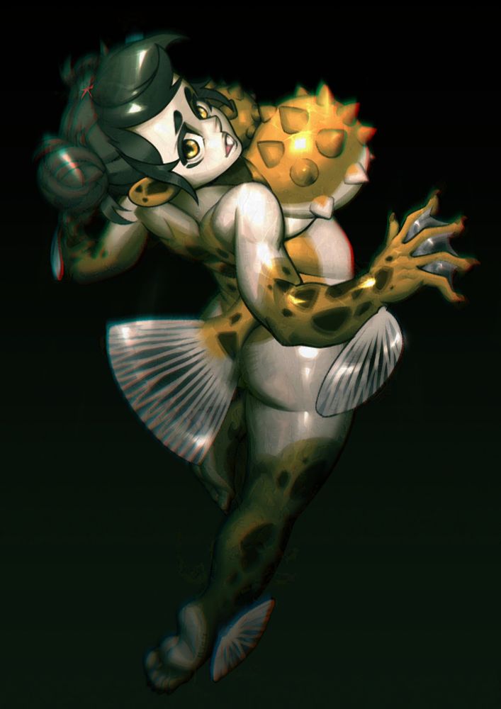 An illustration of a mermaid against a dark background. She is based on a green spotted pufferfish so she has pale skin with yellow accents, dark spots, and some hints of green.