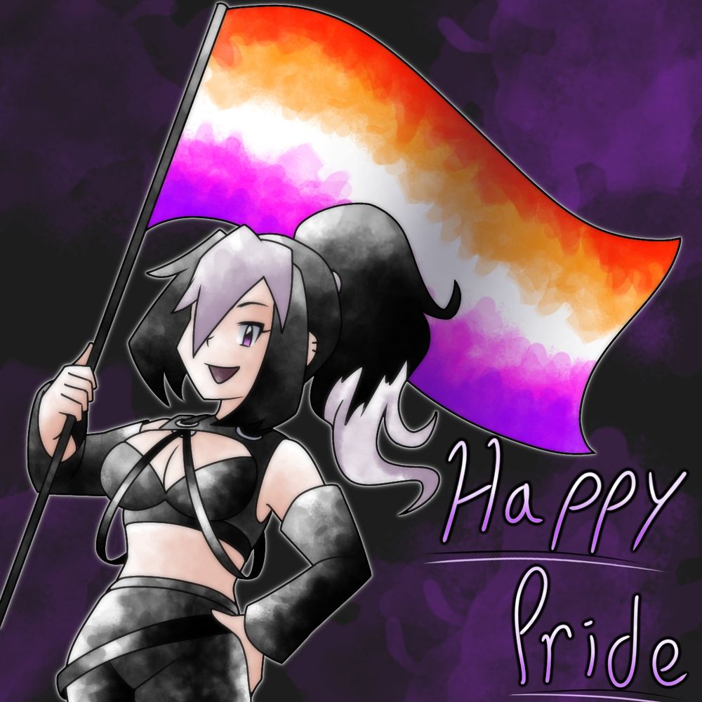 Cherri holding a Lesbian Pride flag and the words Happy Pride