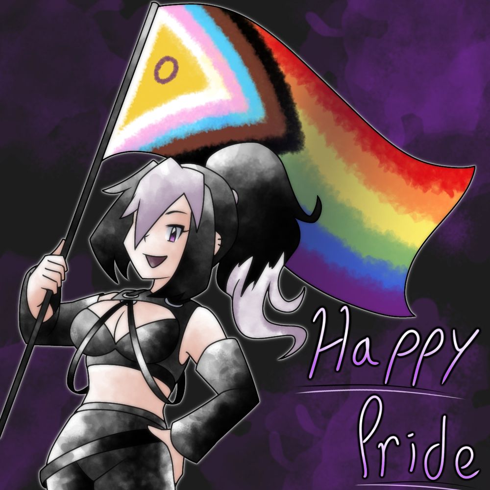 Cherri holding a Progress Pride flag and the words Happy Pride