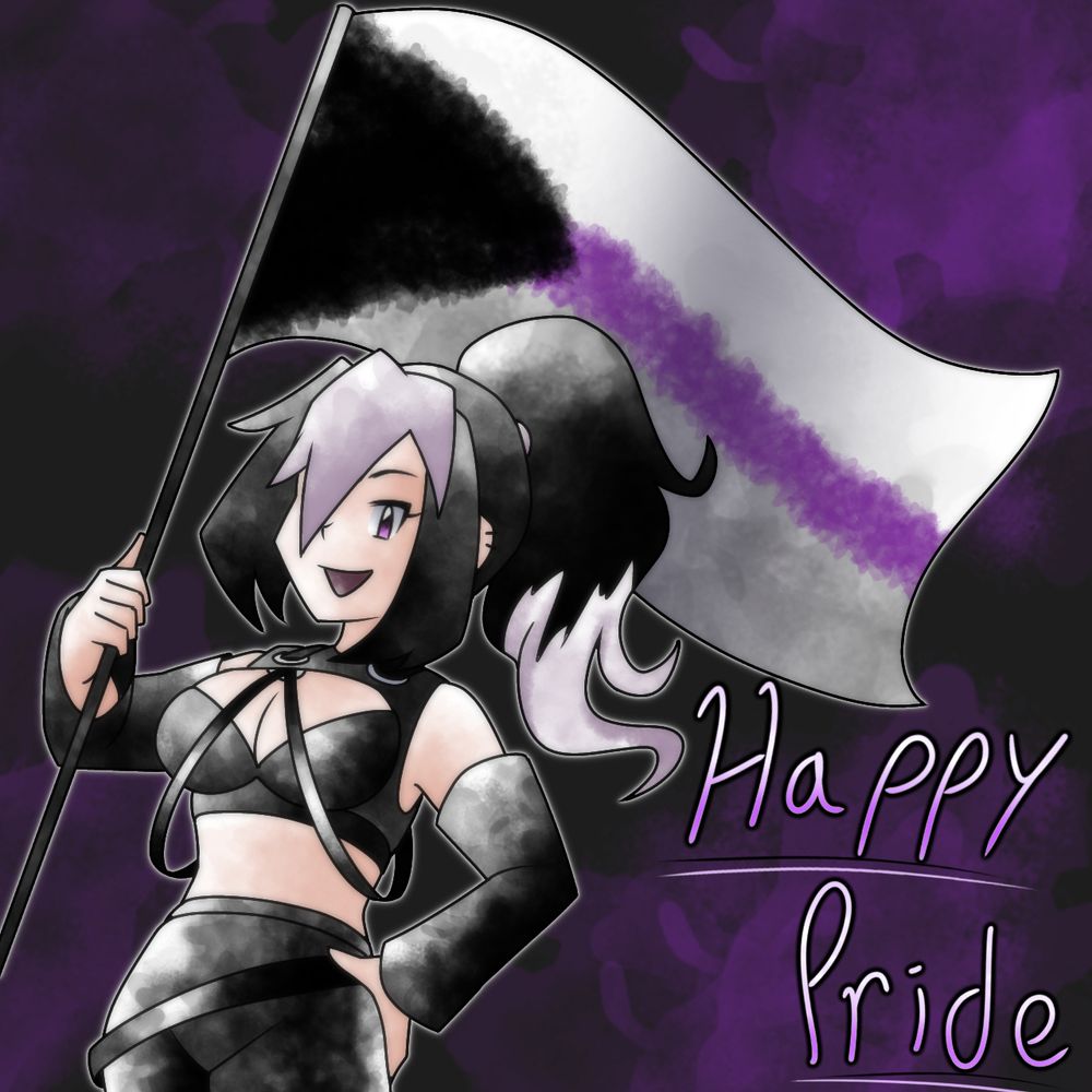 Cherri holding a Demisexual Pride flag and the words Happy Pride