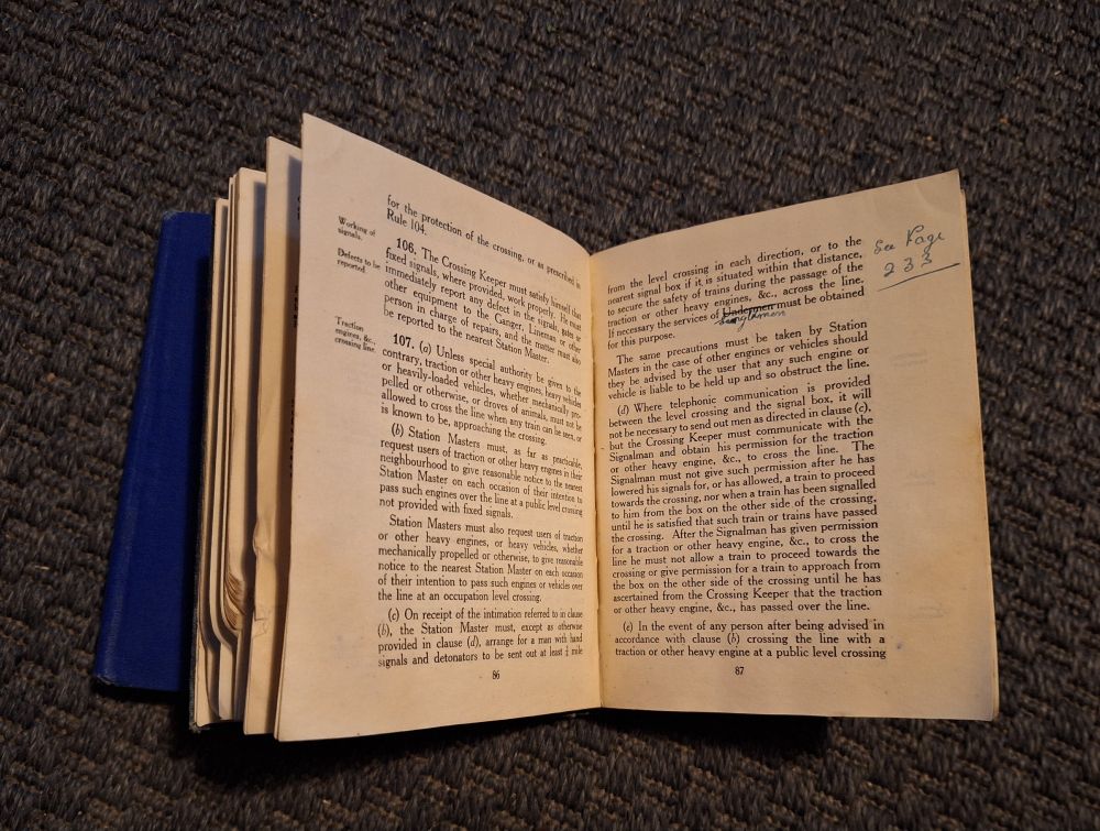 Open rule books from M&GN railways with hand written notes