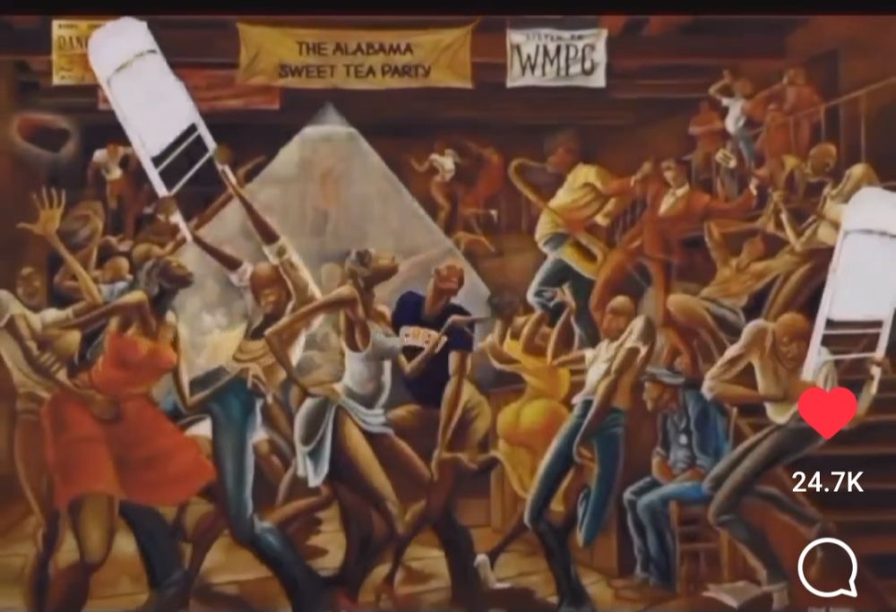 The Sugar Shack painting from the opening of Good Times with white , folding chairs added to the dancers hands.  The sign in the back of the room is changed to read The Alabama Sweet Tea Party. Alabama Brawl 23 