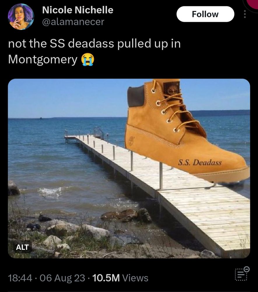 A giant Timberland boot docked as if it was a boat.  It's called the S.S. Deadass out of New York City.  Alabama Brawl 23