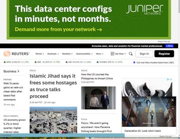Reuters home page with no ad block and no pi hole.  There is a banner ad at the top, an ad at the side and a pop-up ad also on the side partially obscuring the other ad.