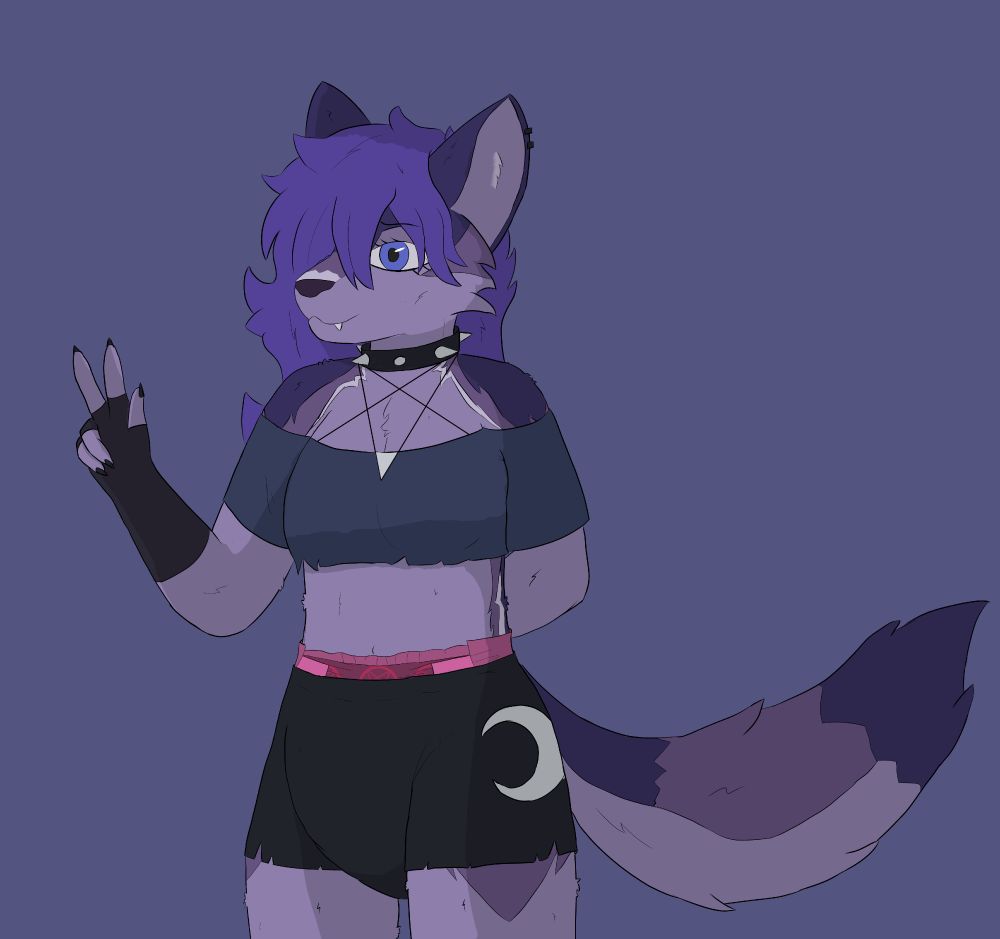 A wolf girl standing against a lavender plain, one arm behind her back, and the other holding up two fingers in a 'peace' sign gesture. She's wearing an outfit resembling Loona's clothing, and the waistband of a pink diaper peeks up over her shorts.