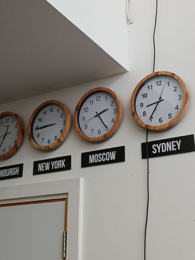 Four clocks line a wall. One shows the time in Edinburgh. One shows New York. One shows Moscow. And, the final one shows Sydney. Edinburgh and Moscow are of interest to professional actor Jason Thurston.