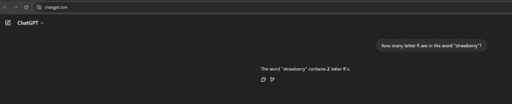 Image of a ChatGPT response to the question "how many Rs are in the word 'strawberry'". The response is 2.
