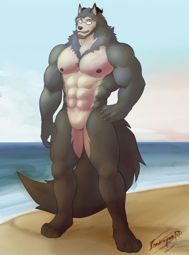 Electronically drawn artist rendition of Maxxium Aukai, standing on a beach in the late afternoon sun wearing no clothing with an SFW crotch.
He holds a firm but casually warm gaze.