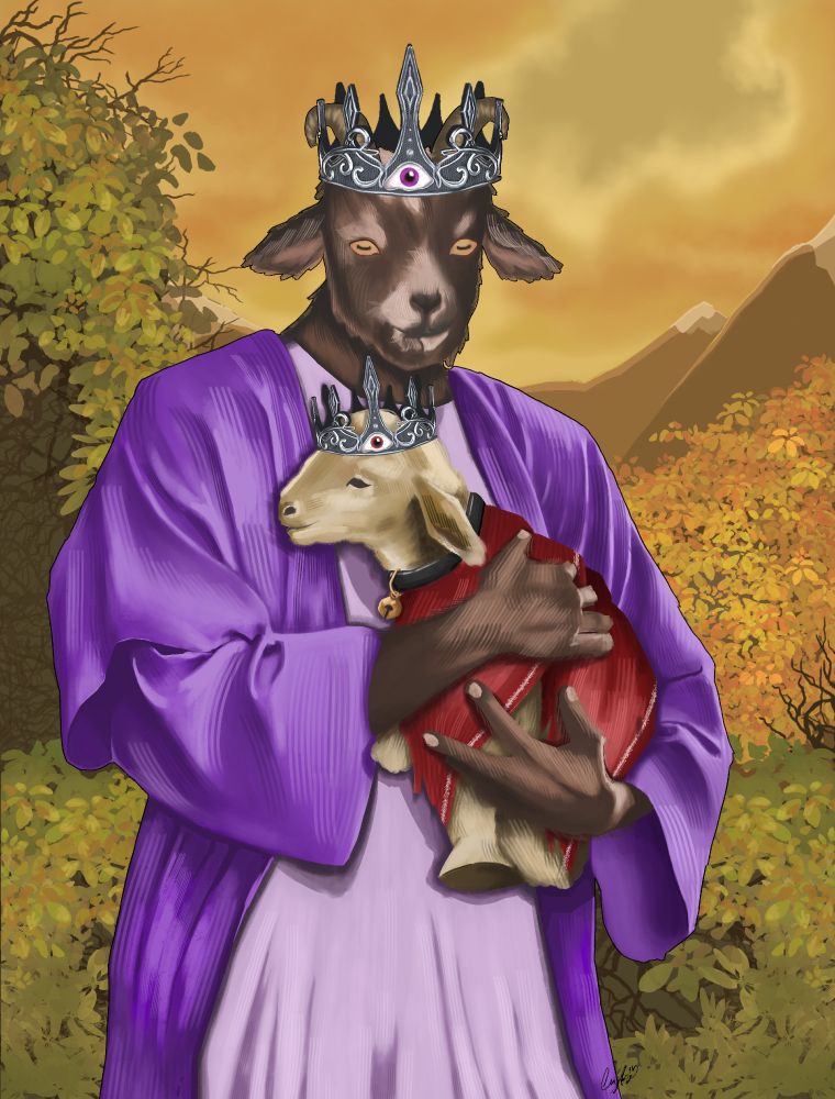 Fan-made art of popular roguelike "Cult of the Lamb", making a one to one comparison of the "Jesus Holds a Lamb" painting