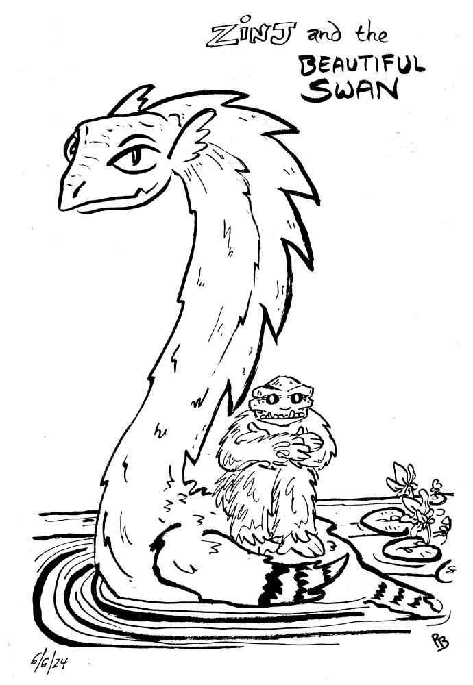 A single panel ink and brush cartoon called "Zinj and the Beautiful Swan".  On a peaceful summer day, Zinj (who is a big floppy stuffed toy with a furry body and the head of a cartoon Zinjanthropus skull) is floating in a lily pond on the back of a beautiful creature that looks like a cross between a dragon, a sea snake and a swan.  It is actually quite beautiful, with big pretty eyes and a gently smile on its face.  As far as I can remember, when I drew this last summer, I was trying for a sense of pastoral peace.  I've always liked drawing creatures that combine dragons with everyday animals. Swans like this turn up in the sketchbook fairly regularly.