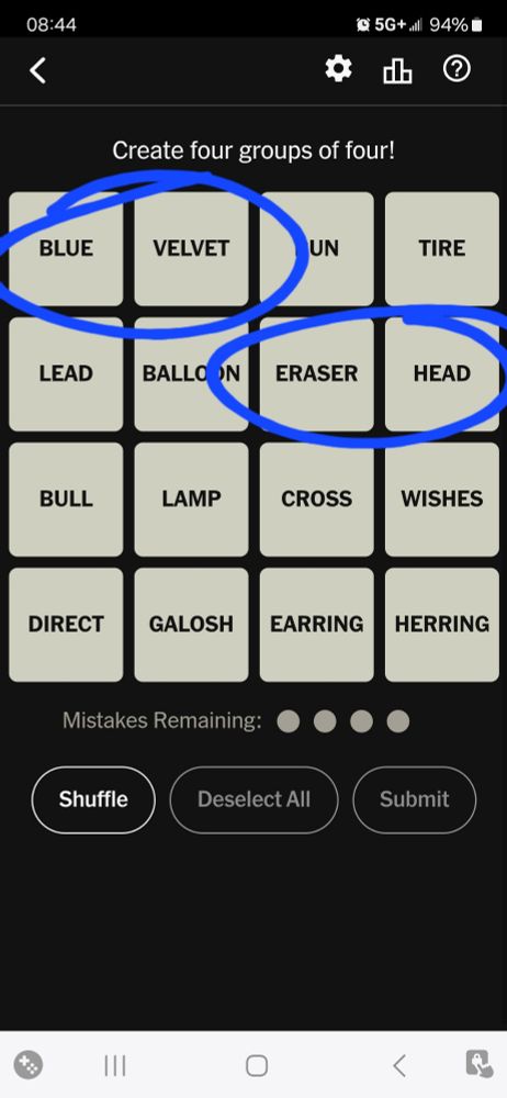 NYT Connections puzzle with two pairs of clues highlighted, "Blue/Velvet" and "Eraser/Head"