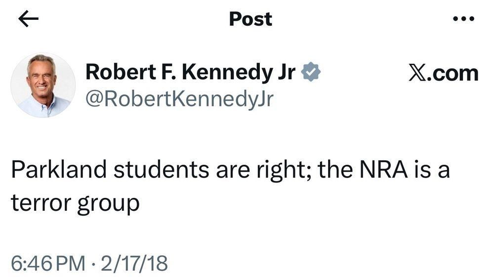 Twiiter/X Post from
Robert F. Kennedy Jr reading:
"Parkland students are right; the NRA is a terror group"
6:46PM - 2/17/18
