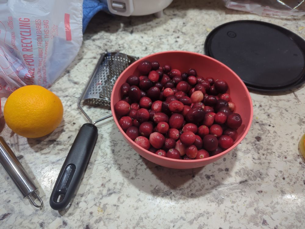 Bowl of cranberries with a zester and orange sitting next to the bowl