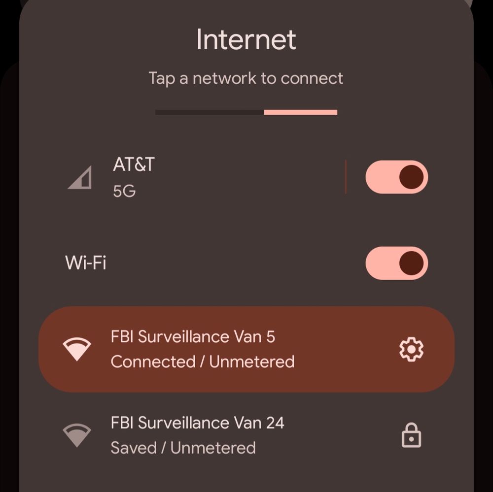 Wi-Fi settings from smartphone showing FBI Surveillance Van 5 and FBI Surveillance Van 24 WiFi network names 