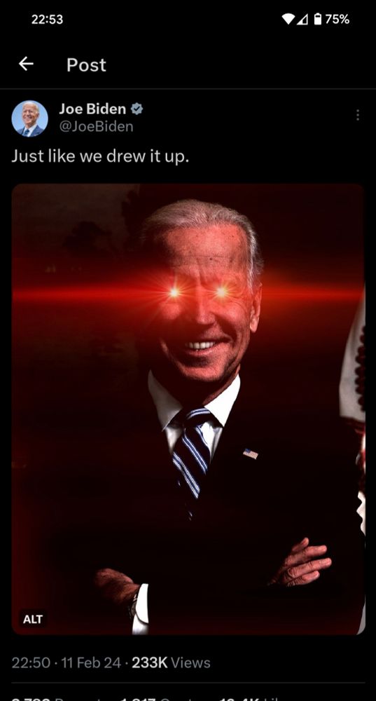 Screenshot of tweet by Joe Biden's official account posted shortly after the Super Bowl ended.  It says "Just like we drew it up" and includes a picture of Dark Brandon