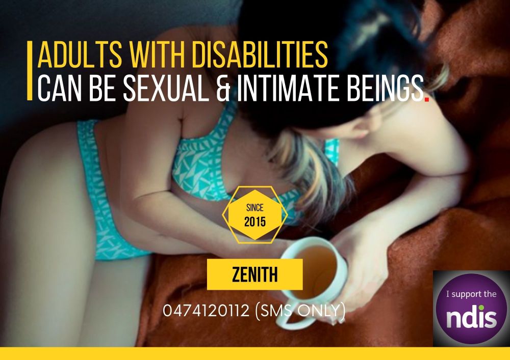 Woman lounging on orange blanket in a blue bikini,holding a cup of tea. In the corner NDIS logo which says I Support The NDIS. Text overlay: Adults With Disabilities Can Be Sexual & Intimate Beings. 