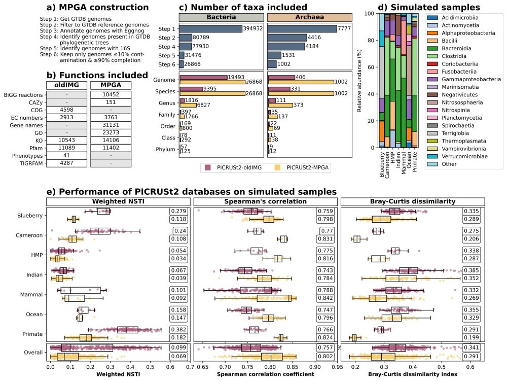 Figure giving an overview of the PICRUSt2 database - Figure 1 from the preprint. It includes the steps taken for database construction, functions included in the previous oldIMG and new MPGA databases, number of taxa included in both databases, composition of simulated samples, and the performance of the oldIMG and MPGA databases on the simulated samples from different environments. 