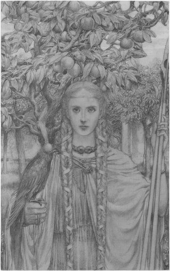 ‘Niamh of the Golden Hair,’ by Alan Lee. A black and white illustration of a white woman in flowing robes, holding in her left hand two staves or spears (unsure?). She has long hair bound into two braids. A bird friend is on her right arm, and an apple tree is over her head. She stares stoically directly at the viewer.