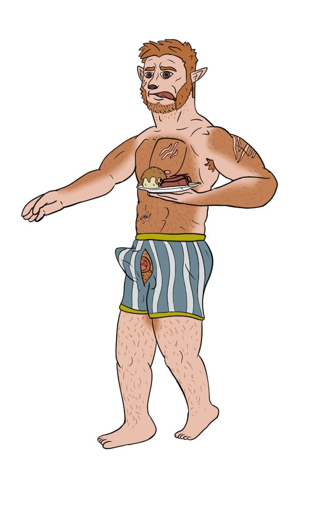 A pale skinned muscular red haired wolf shifter is standing holding a plate with some sausage and mashed potatoes on it, a sausage hangs from his mouth as well as he looks at the audience as if caught in the act of something. He is only wearing boxers, and he has an erection that pulls the boxes forward in a way where you can peek at the base of his shaft and balls through the flygap.