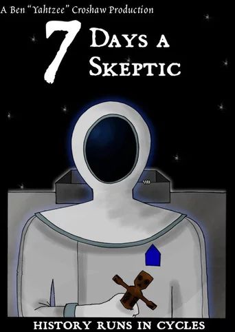 the box art for 7 Days a Skeptic by Ben Croshaw, featuring a simply-drawn astronaut holding a weird dark brown figurine. someone is coming out of a hatch behind them.