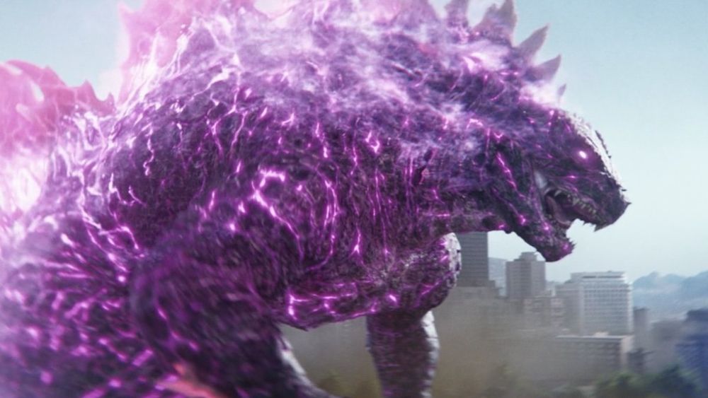 Godzilla, from one of the Legendary movies, glowing pink between its scales.