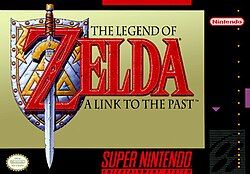The box art for The Legend of Zelda: A Link to the Past, which shows the title over a gold gradient. the Z is set on an ornate metal shield with a sword crossing the Z.