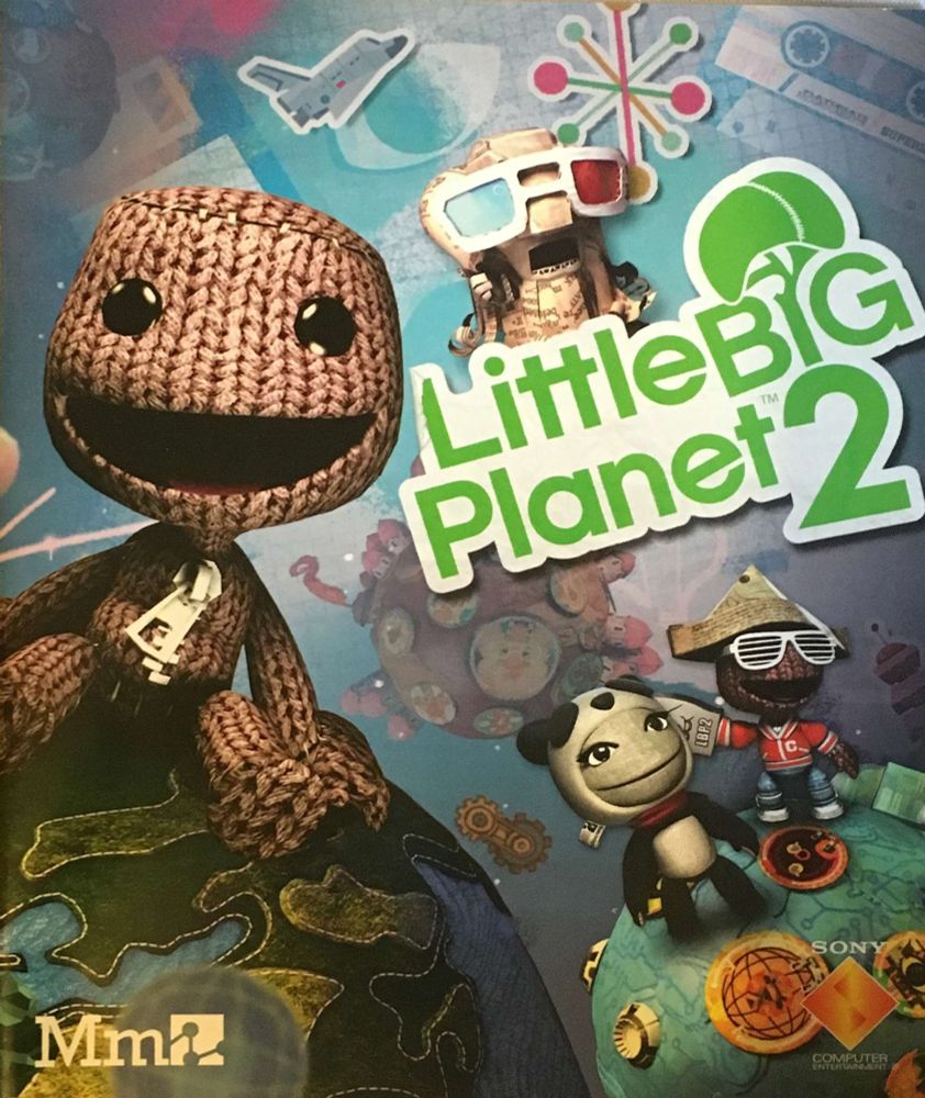 the box art for Little Big Planet 2 featuring Sackboy, a brown knit wool humanoid sitting on a felt planet. other sackpeople of various texture and costuming are on a different planet nearby. a very surprise wisened sackperson with blue and red lensed glasses is staring in shock from behind the title logo.