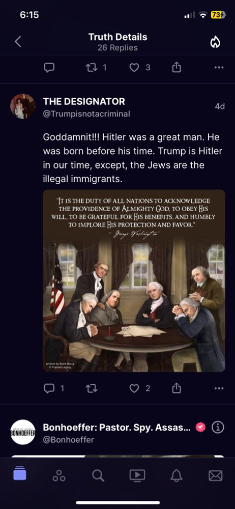A screen shot of o post on truth social stating “Goddamnit!!! Hitler was a great man. He was born before his time. Trump is Hitler in our time, except, the Jews are the illegal immigrants” 