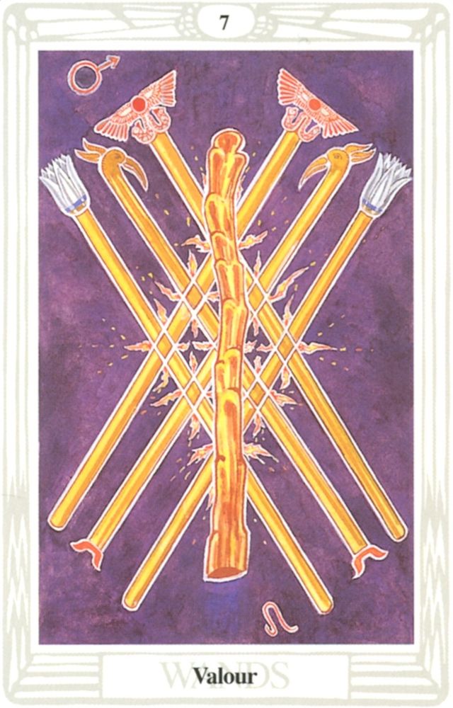 The Seven of Wands Tarot Card, also known as the Lord of Valour, from the Thoth Deck