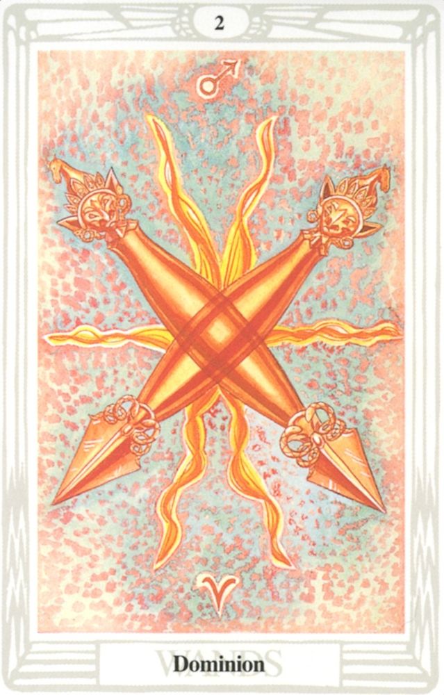 The Two of Wands Tarot Card, also known as Lord of Dominion, from the Thoth Deck