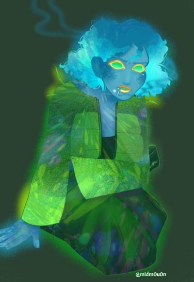 A blue glowing girl sits on the ground, smoking. Her clothes are baggy and green, and her body language cagey. Her natural darker blue roots have long since grown out, and her glowing green eyes hold a frown, with a lit cigarette between her golden lips. The piece uses lots of texture and overlayed colorful circles, since in this universe characters are microscopic, so they're based off of how cells look  