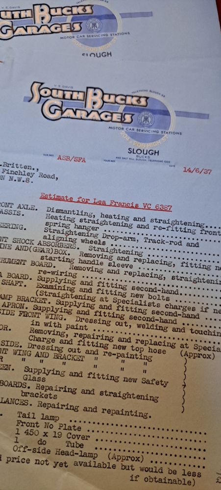A typed itemised estimate for the repair of a car, on blue paper; the letterhead, of South Bucks Garages, is in 1930s Art Deco style.