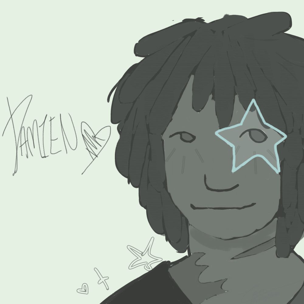 On the left side of the screen, it says "Damien" with a scribbled in heart. On the right is a green-grey drawing of the person. He has a scar on their shoulder, collarbone, and neck. He has a small grin with his eyes looking at the user. On his right eye, there is a very pale-green star that lightens the spot under it just barely. 