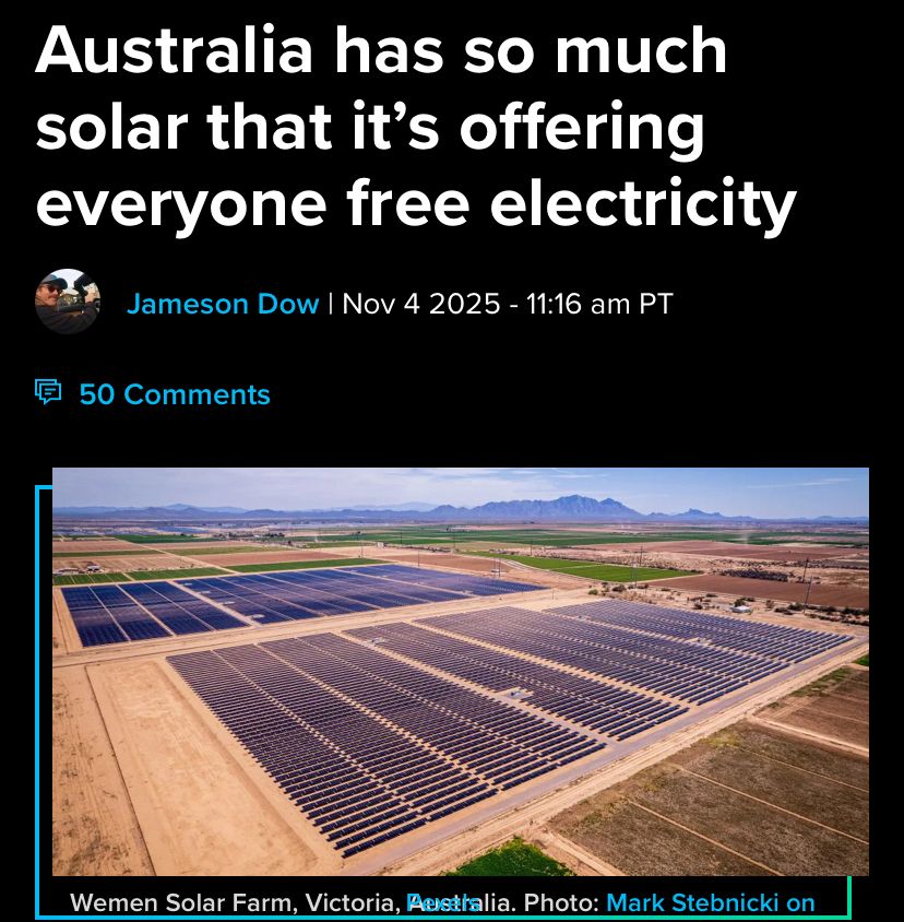 Australia has so much solar that it's offering everyone free electricity
Jameson Dow | Nov 4 2025 - 11:16 am PT
50 Comments
Wemen Solar Farm, Victoria, Aestralia. Photo: Mark Stebnicki on