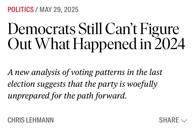 POLITICS / MAY 29, 2025
Democrats Still Can't Figure Out What Happened in 2024
A new analysis of voting patterns in the last election suggests that the party is woefully unprepared for the path forward.
CHRIS LEHMANN
SHARE v
