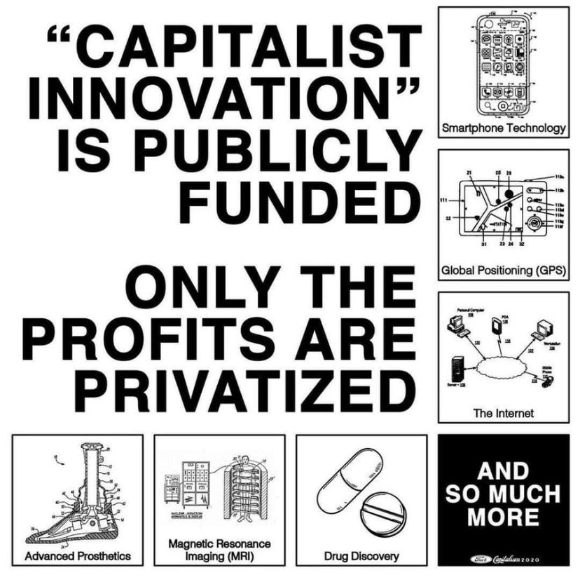 "CAPITALIST INNOVATION" IS PUBLICLY FUNDED
ONLY THE PROFITS ARE PRIVATIZED
Advanced Prosthetics
Magnetic Resonance
Imaging (MRI)
Drug Discovery
9909
Smartphone Technology
Global Positioning (GPS)
The Internet
AND
SO MUCH MORE