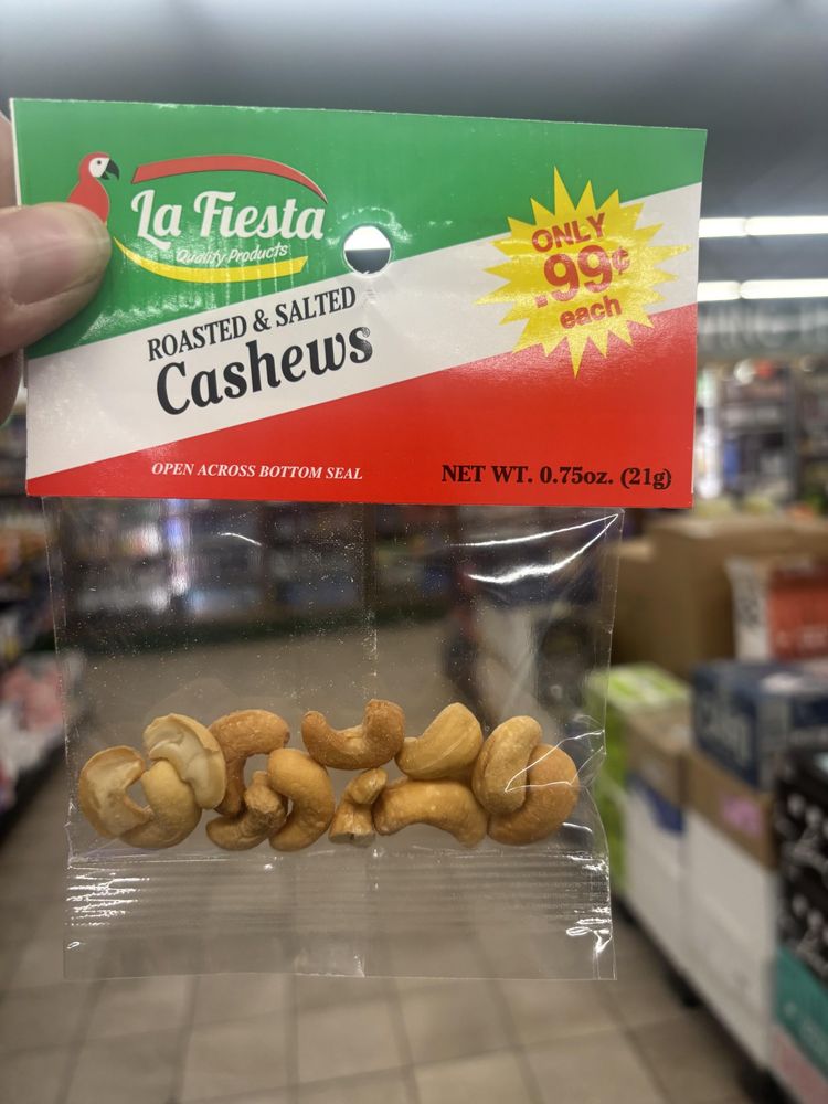 Small bag of cashews for 99 cents with only a dozen cashews in it.