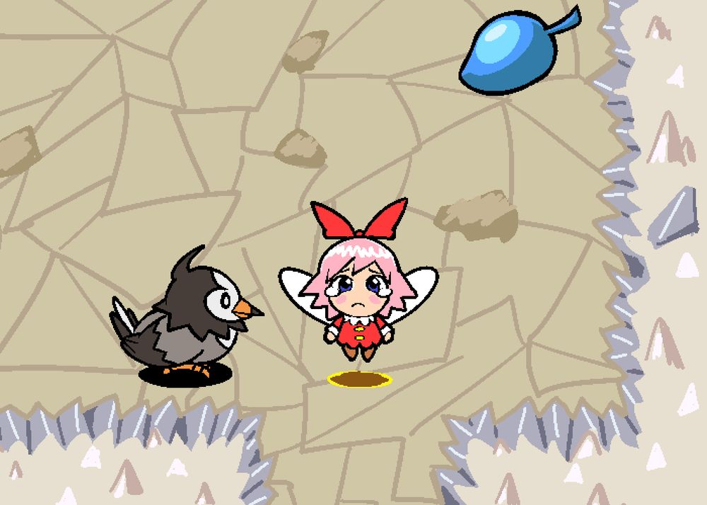 Ribbon from Kirby 64 is on floor 1 of Mt. Bristle from Pokémon Mystery Dungeon with a sad expression on her face and tears in her eyes. There is a Starly to her right and an Oran Berry behind her and to the left