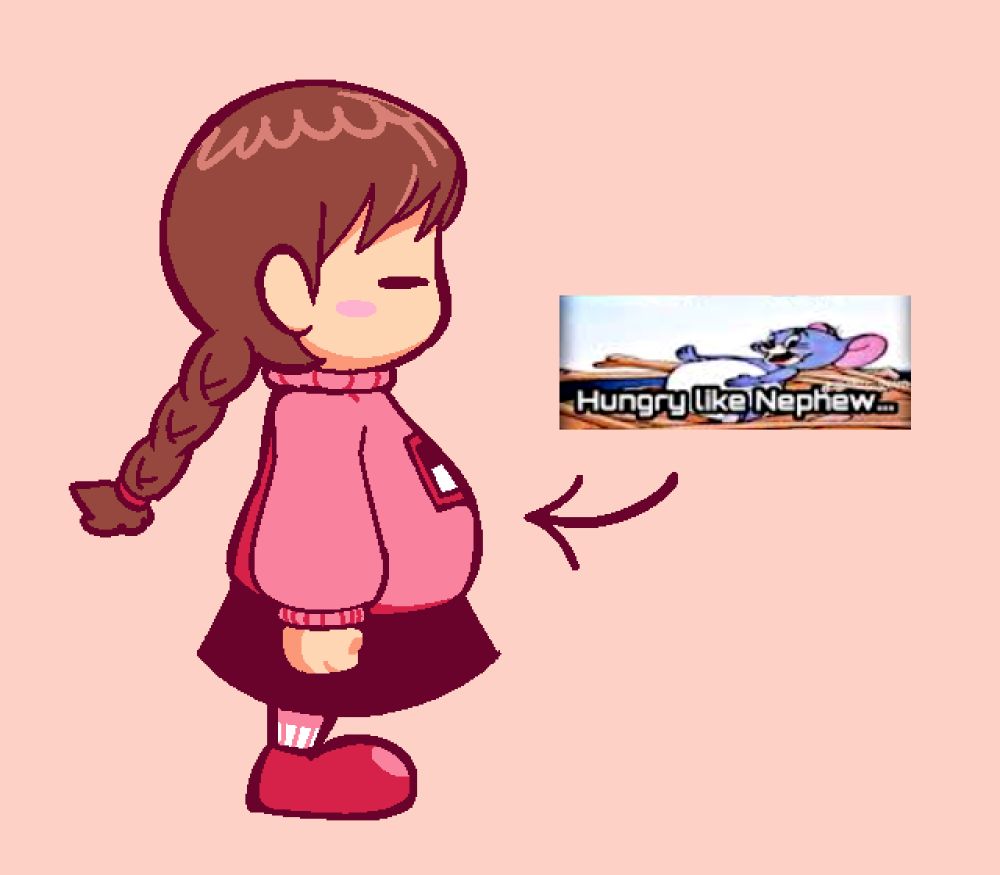 Madotsuki from Yume Nikki pictured standing facing to the right. She has an arrow pointing to her stomach describing her as "Hungry like Nephew..."