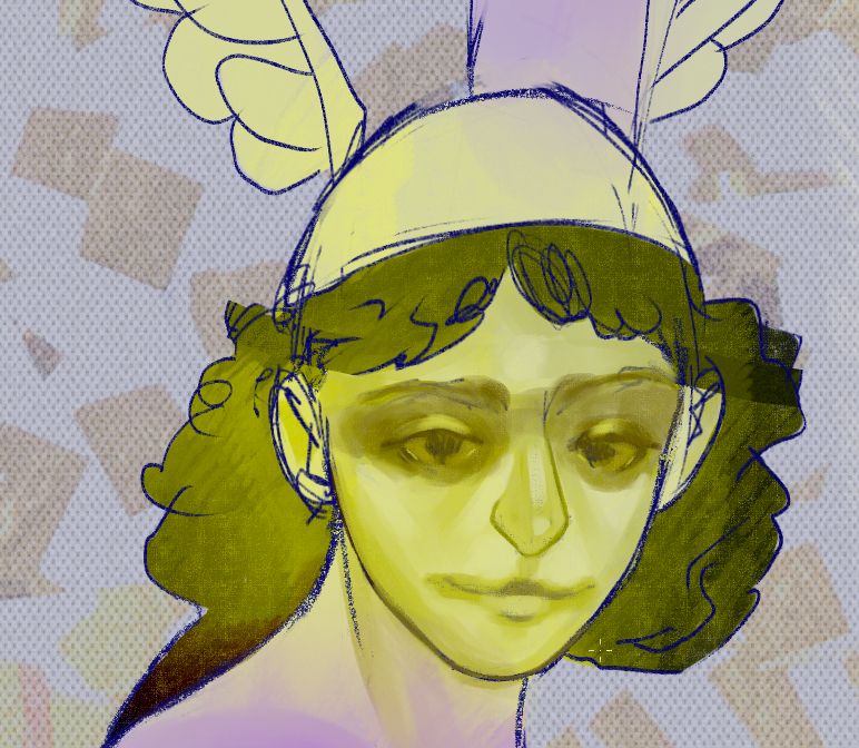Digital Illustration Work in Progress of a man dressed like Hermes. The illustration is drawn with a dark blue pencil like brush and colored with light purples and yellows. He is wearing a cap with longs wings attached. His hair is shoulder length with bangs. The background is speckled with yellowish brown squares. 