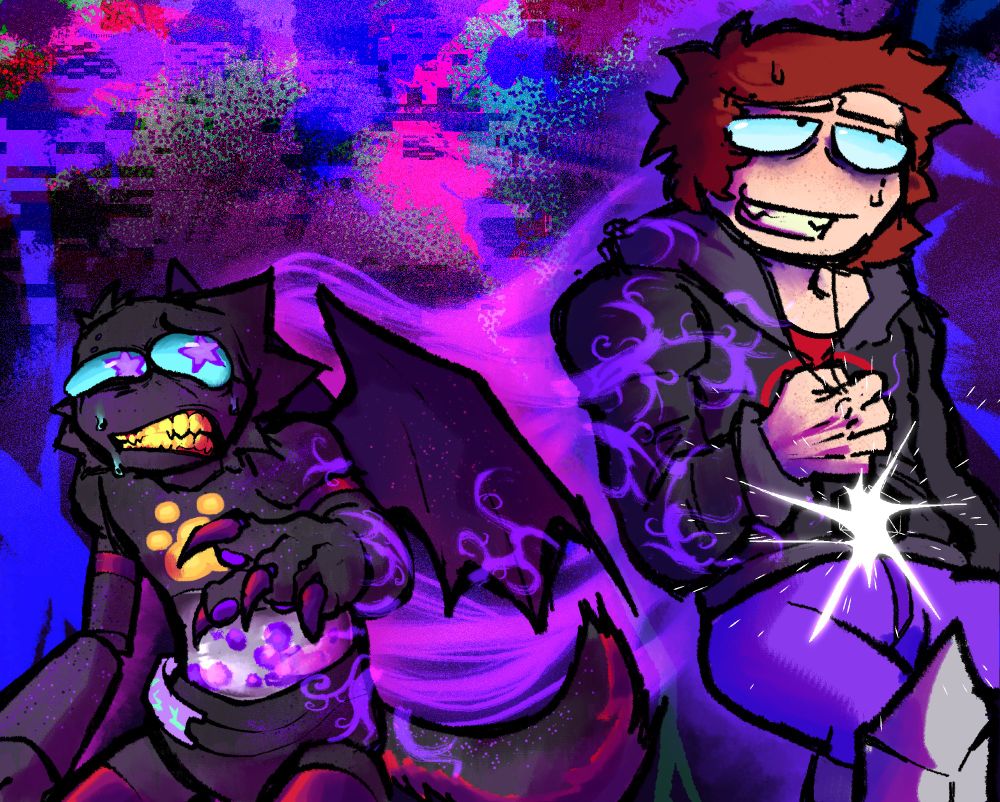 [Waning Luck AU] Piff and Dunkin drawn facing away from each other, both with nervous poses, on an abstract eyestraining purple background with glowing purple vine-like ropes connecting them