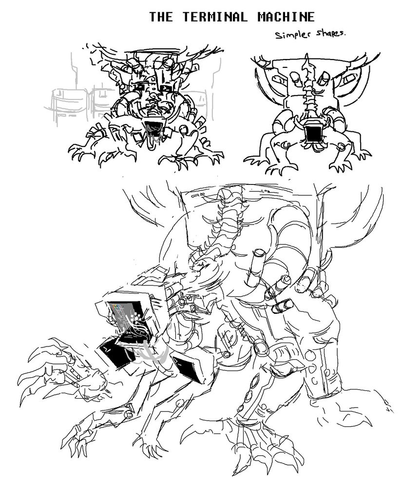 Three drawings of a large ambulatory beast-like machine with a broken-in monitor for a head and multiple mechanical arms. The text in the image reads "THE TERMINAL MACHINE". 
