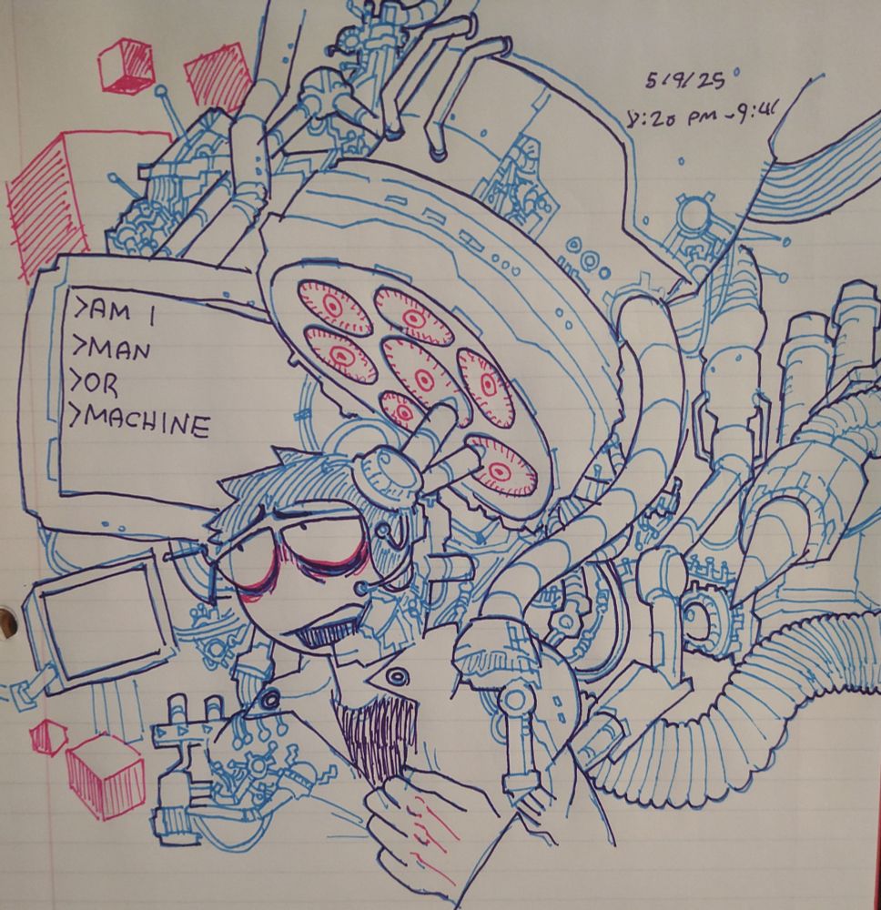 A paper ink drawing of Dave from Vs. Dave and Bambi surrounded by complex machinery and piping. There are cubes in the background to the left. A screen on the side of him reads, "AM I MAN OR MACHINE".
