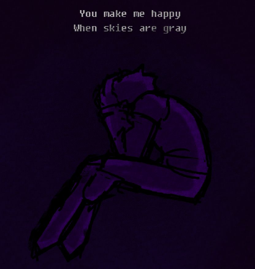 Dave from Vs. Dave and Bambi sitting and holding his head in a purple void with the caption "You make me happy  When skies are gray"